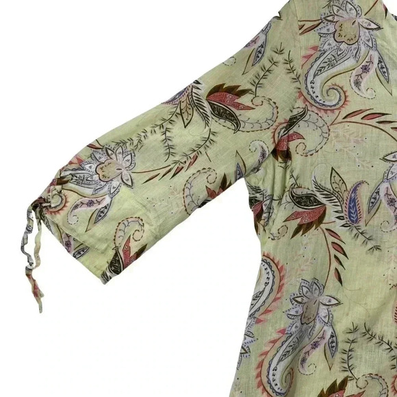 J Jill Love Linen Blouse Yellow Paisley Pattern Split Neck 3/4 Sleeve Size med - Picture 13 of 14